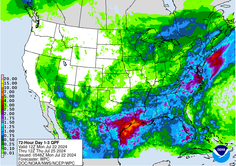 NOAA's 72-hour precipitation forecast for July 22-25, 2024.