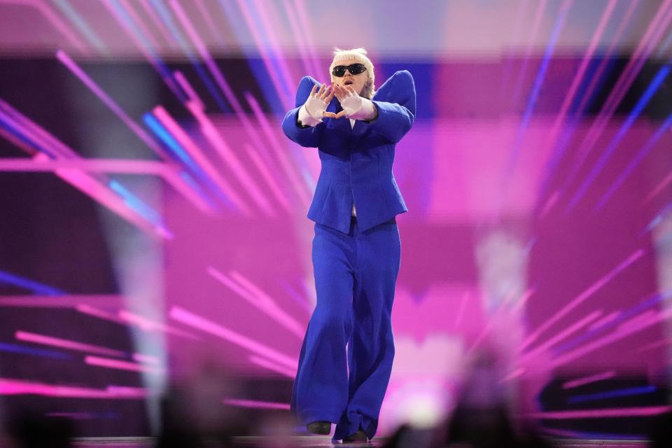 Joost Klein of Netherlands arrives on stage for the introducing of the artists at the dress rehearsal for the final at the Eurovision Song Contest in Malmo, Sweden, Friday, May 10, 2024. Klein's performance was cancelled for unknown reasons, he was supposed to perform before Israel. (AP Photo/Martin Meissner)