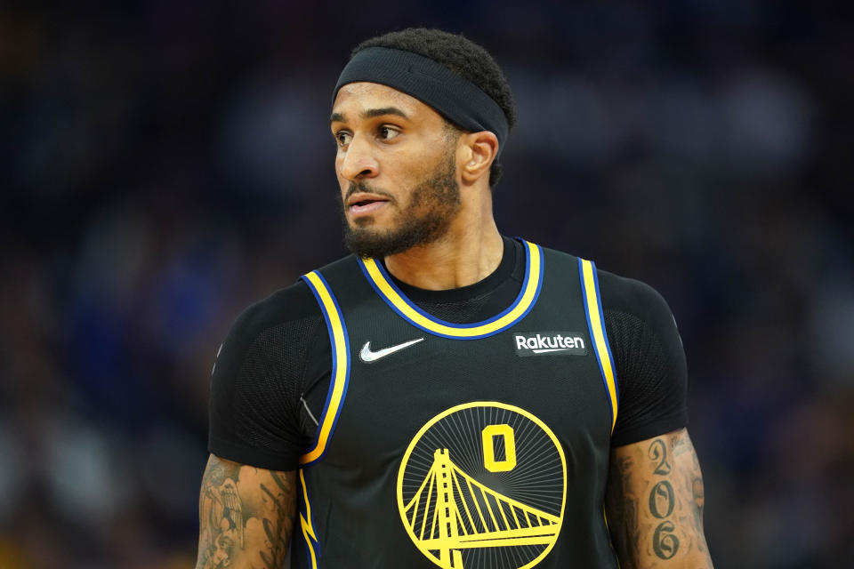 Gary Payton II (0) stands on the court during the first quarter against the New Orleans Pelicans at Chase Center. Mandatory Credit: Darren Yamashita-USA TODAY Sports