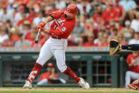 Cincinnati Reds' Joey Votto hits a two-run double during the third inning of a baseball game against the Minnesota Twins in Cincinnati, Wednesday, Aug. 4, 2021. (AP Photo/Aaron Doster)