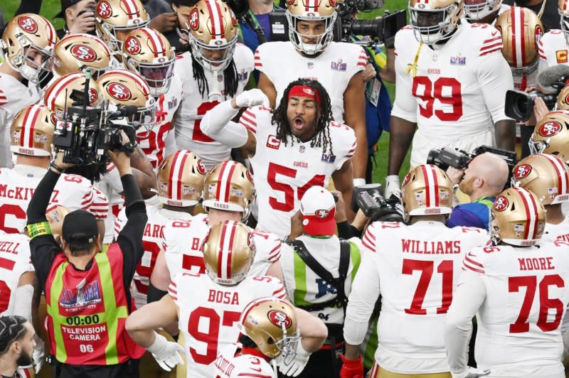 San Francisco 49ers linebacker Fred Warner gives a speech to teammates before the start of Super Bowl LVIII against the Kansas City Chiefs on Sunday at Allegiant Stadium in Las Vegas. Photo by Jon SooHoo/UPI