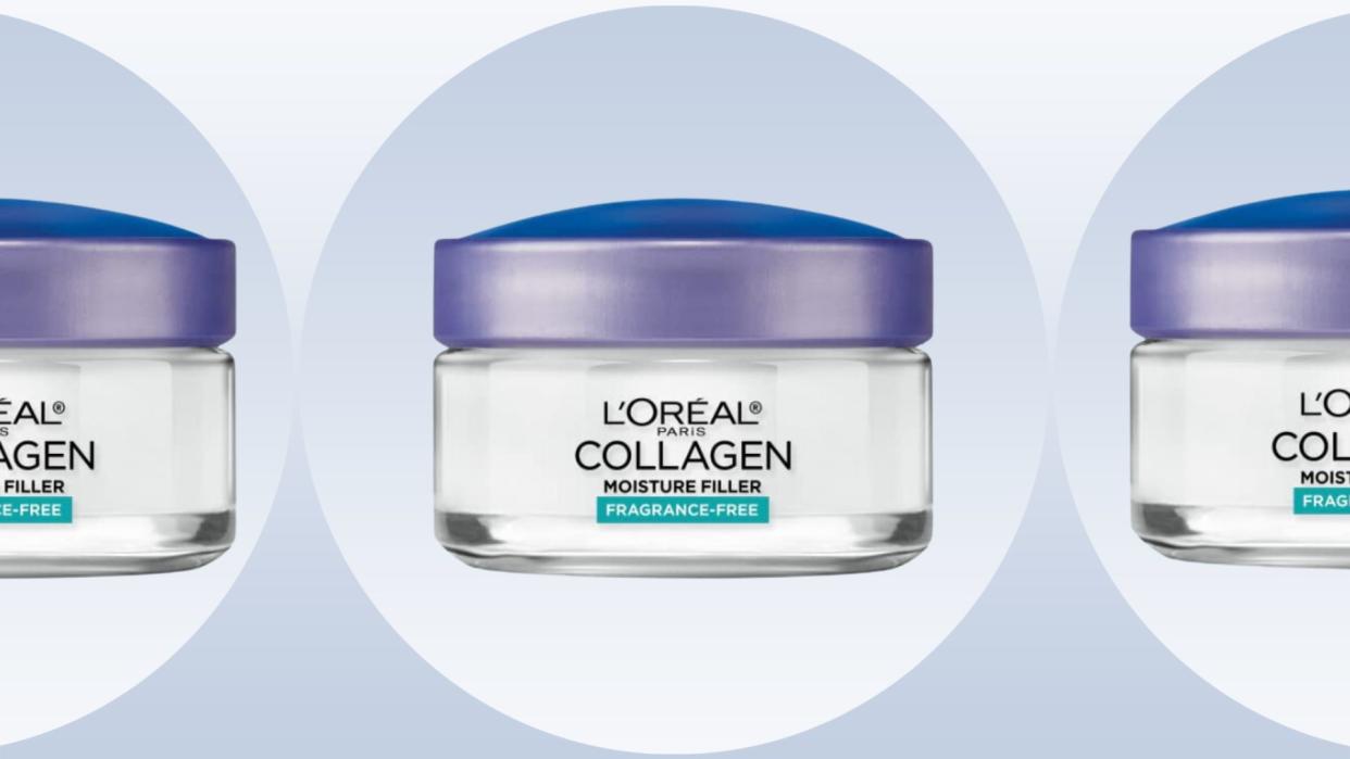 Three tubs of the collagen cream on a blue background. 