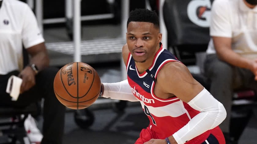 Washington Wizards guard Russell Westbrook dribbles during the second half.