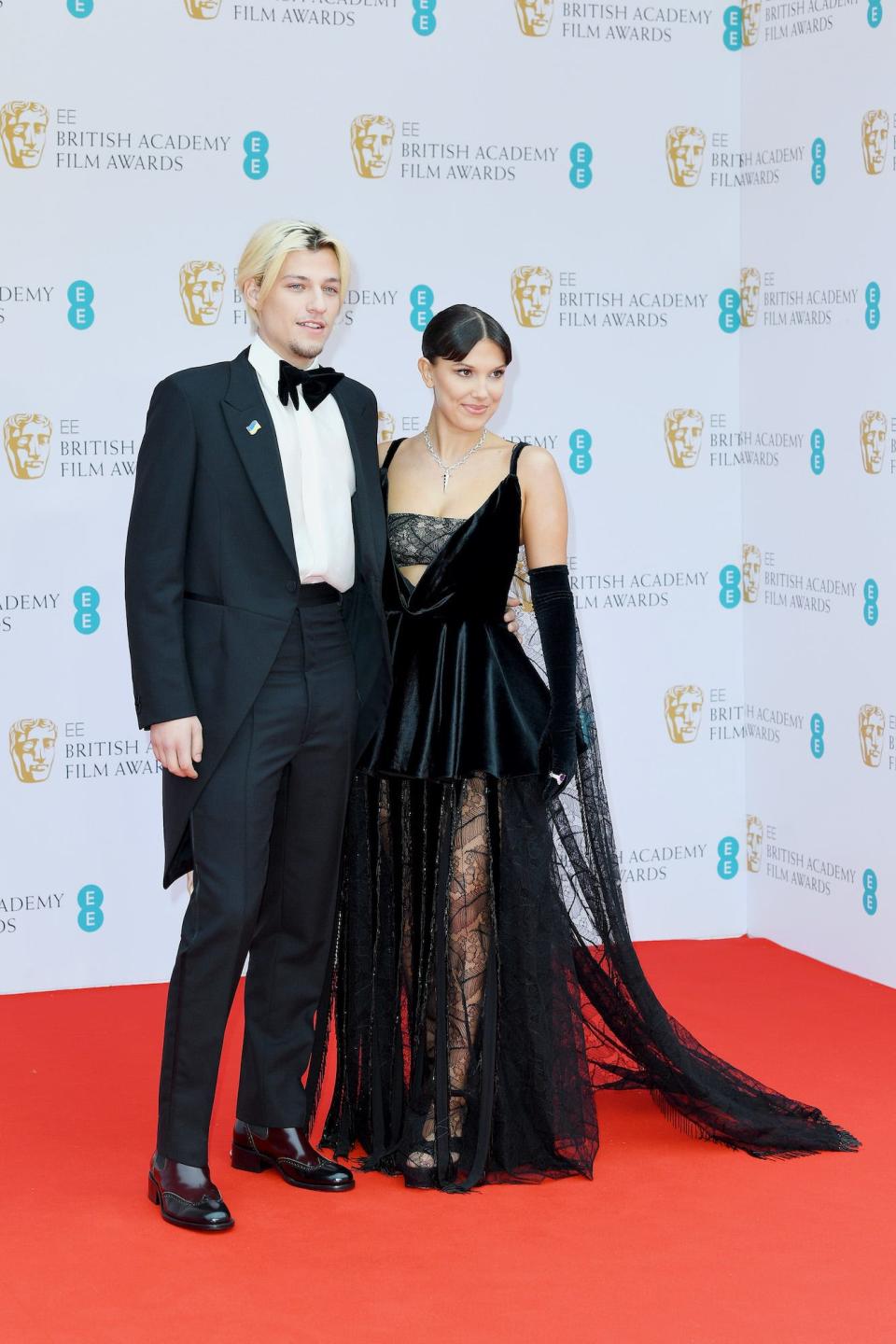 Jake Bongiovi and Millie Bobby Brown at the 2022 EE British Academy Film Awards.