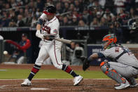 Atlanta Braves starting pitcher Tucker Davidson bats during the second inning in Game 5 of baseball's World Series between the Houston Astros and the Atlanta Braves Sunday, Oct. 31, 2021, in Atlanta. (AP Photo/David J. Phillip)