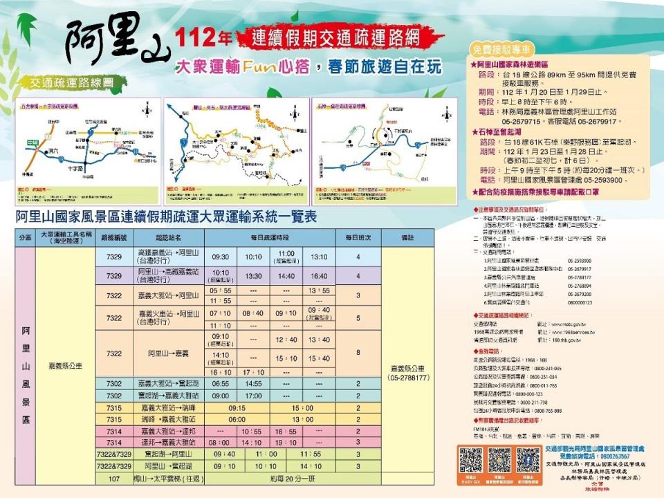 大阿里山區春節期間交通運措施多，請遊客多多利用大眾運輸工具，輕鬆出遊。（圖：阿里山管理處提供）