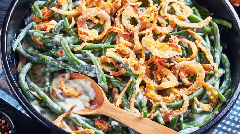 skillet with green bean casserole