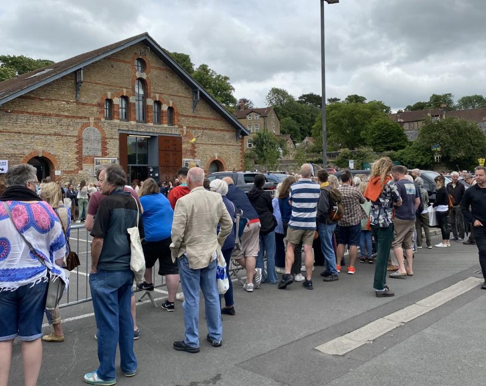 Crowds gather outside the Cheese and Grain in Frome, Somerset, to see Paul McCartney who is playing a warm-up gig the night before he headlines Glastonbury (Connie Evans/PA) (PA Wire)