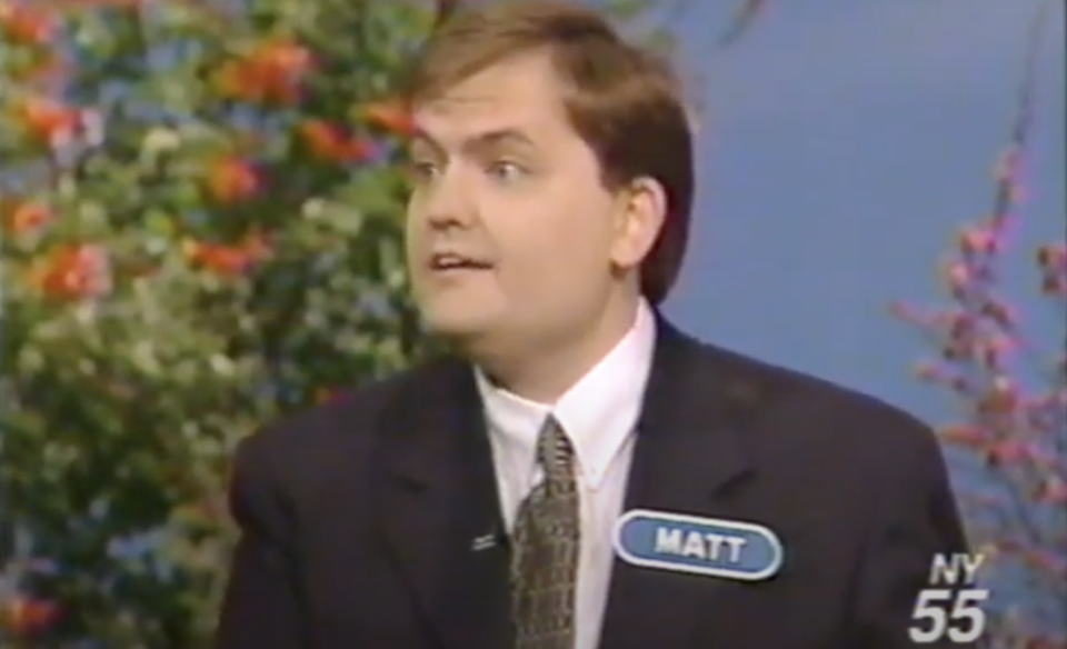 Matthew Fenwick speaks to Pat Sajak while appearing on Wheel of Fortune. 