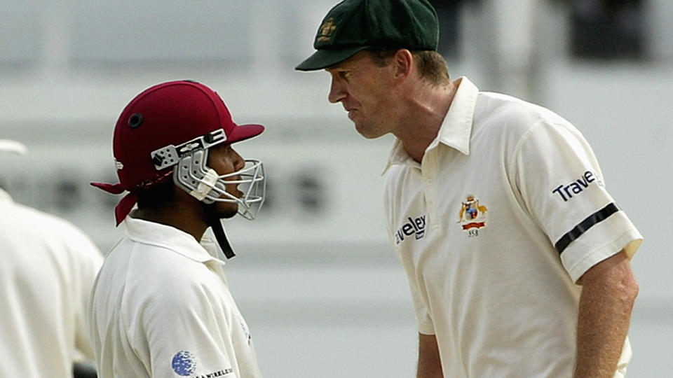 McGrath and Sarwan face off after the nasty sledge. Pic: Getty