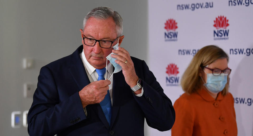 NSW Health Minister Brad Hazzard arrives to speak to the media during a press conference in Sydney, Sunday, October 3, 2021. Source: AAP