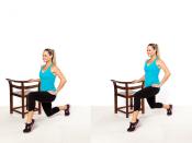<div class="caption-credit"> Photo by: Vanessa Rogers Photography</div><b>Lower Body Toner #2: Static Lunge with Heel Lift</b> <br> <i>Muscles worked: butt, thighs <br> Repetitions: 15 on each leg</i> <br> <br> Stand to the side of the chair, holding onto the back of it with your left hand. Take a wide step forward with your right foot and then bend both knees about 90 degrees, placing your right hand on your hip. Lift your right heel off the floor [as shown in photo A]. Rise up about halfway (keeping your heel lifted) and then lower back down to the bottom of your lunge [as shown in photo B]. That's one rep.