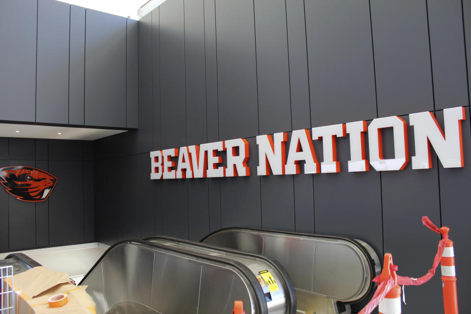 Part of the new upper concourse at Oregon State's renovated Reser Stadium is seen Tuesday, Aug. 8, 2023, in Corvallis, Ore. Oregon State is looking for stability for its teams after the college sports realignment that has destabilized the Pac-12. (AP Photo/Tim Booth)