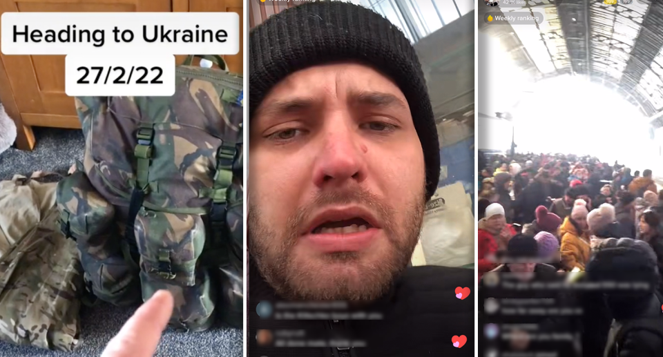 Ian Umney (centre) has chronicled his travel from England into Ukraine to protect his family. Source: Supplied / TikTok