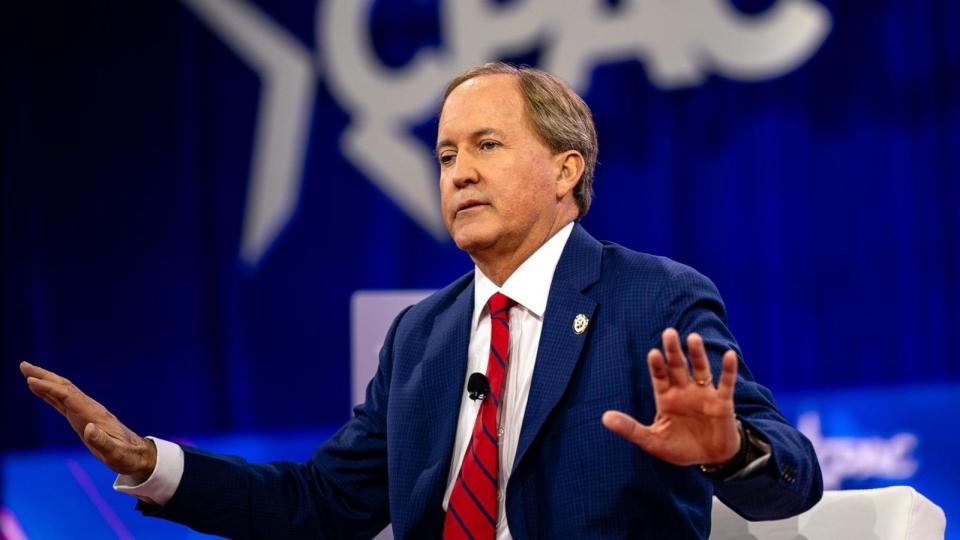 PHOTO: In this Feb. 23, 2024, file photo, Ken Paxton, Texas attorney general, speaks during the Conservative Political Action Conference (CPAC) in National Harbor, Maryland. (Bloomberg via Getty Images, FILE)