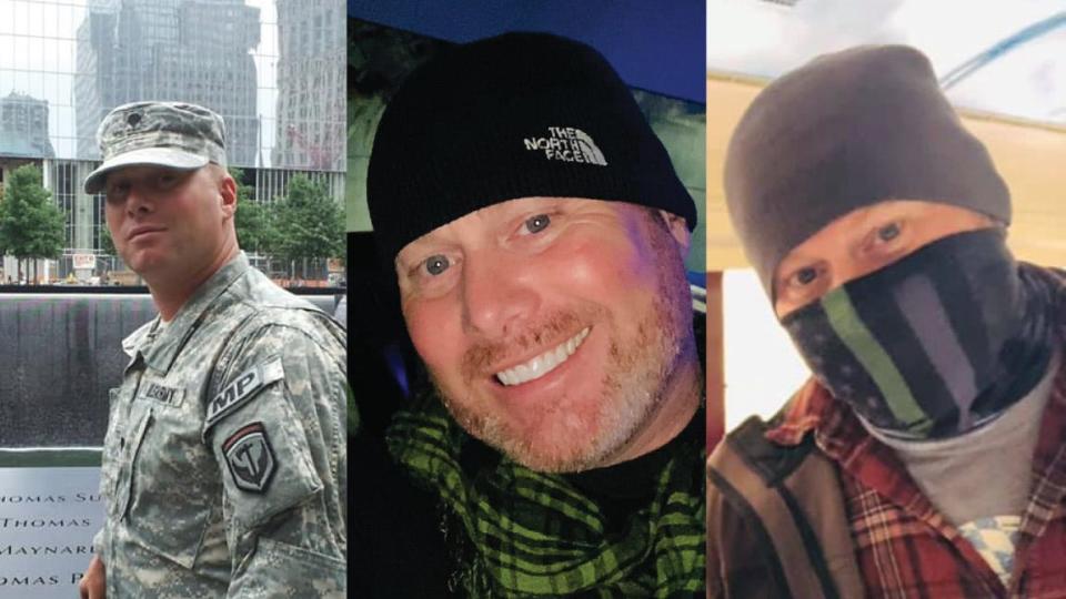 Photos from Gregory Yetman's Facebook page show him, from left: wearing his National Guard military police uniform (posted in 2019); wearing a black beanie that resembles the FBI photos (posted in 2022) and wearing a face gaiter that resembles the videos of the Capitol pepper-spraying incident (posted in 2020).