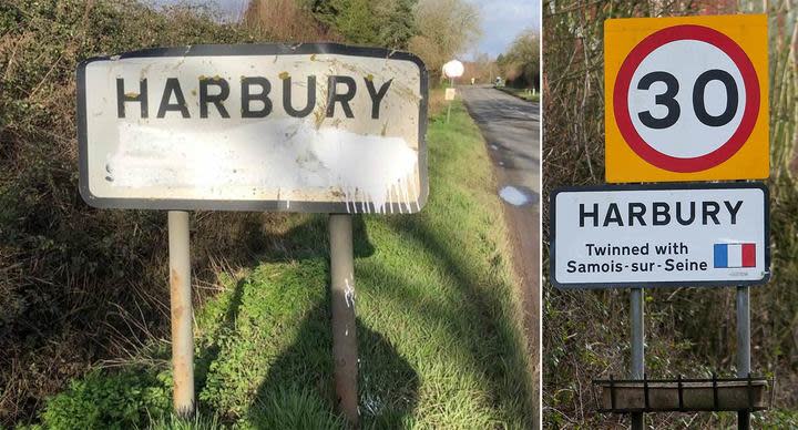 The sign was damaged on January 31 when the UK left the European Union (Picture: SWNS/Harbury News)