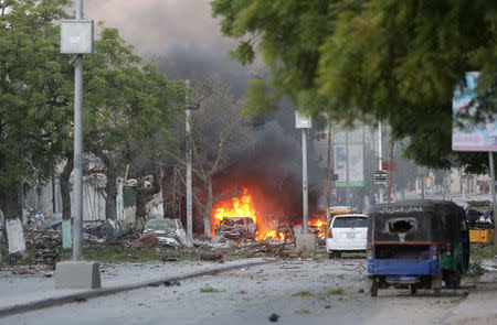 A general view shows the scene of a suicide car bombing outside Hotel Ambassador on Maka Al Mukaram Road in Somalia's capital Mogadishu, June 1, 2016. REUTERS/Feisal Omar
