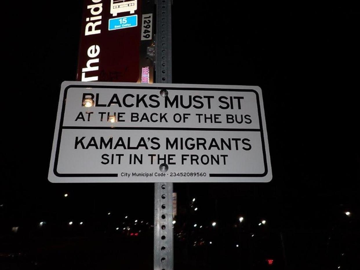 PHOTO: Signs depicting 'hateful, discriminatory' messages referencing Democratic presidential candidate Kamala Harris were posted to different bus stops around Denver overnight on Aug. 29, 2024, according to the state's Regional Transportation District. (Regional Transportation District/Flickr)