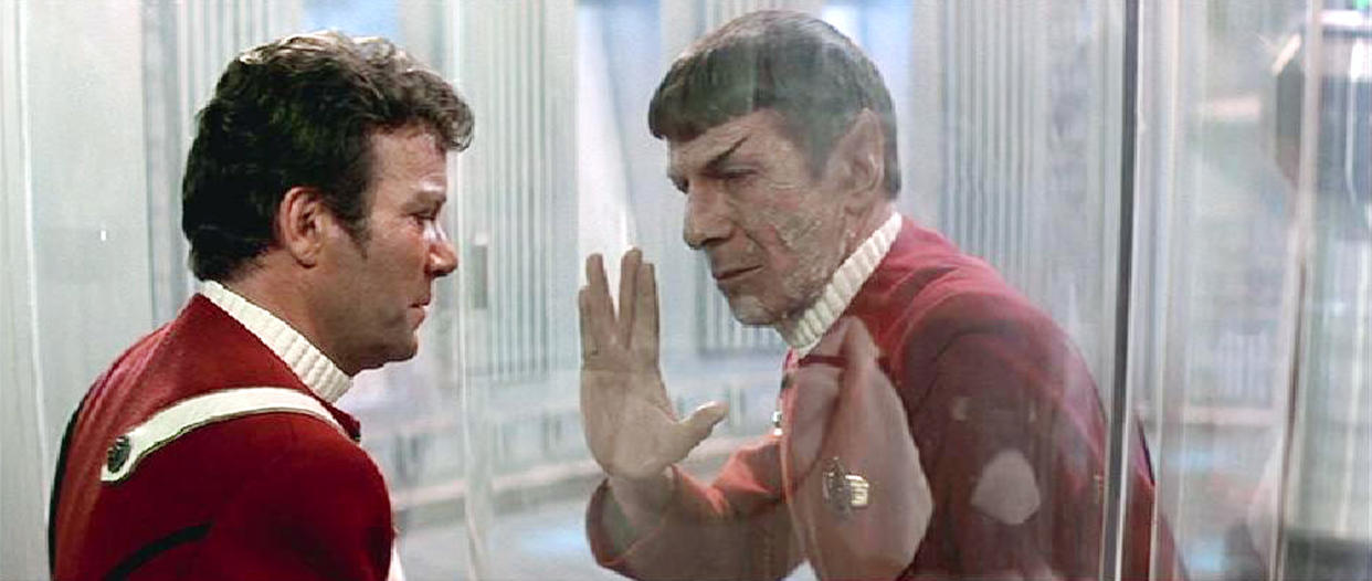 Kirk (William Shatner) bids farewell to Spock (Leonard Nimoy) in the emotional finale of Star Trek II: The Wrath of Khan. (Photo: Paramount/Courtesy Everett Collection)