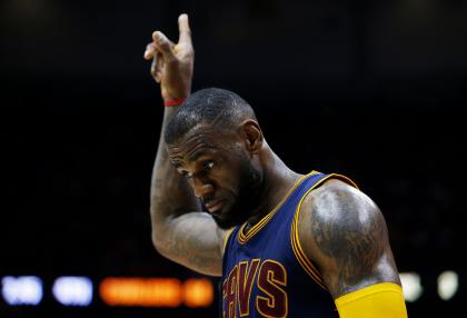 LeBron James #23 of the Cleveland Cavaliers reacts during the game