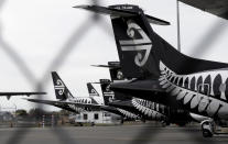 FILE - In this April 6, 2020 file photo, Air New Zealand planes sit idle on the tarmac at Christchurch Airport, New Zealand. Nervous travelers, spotty air service, health risks _ the battered global tourism industry is facing unprecedented uncertainty in the wake of the new coronavirus. Millions of workers are laid off or furloughed, and it will likely take years for the industry to get back to the strong demand it was seeing just six months ago. (AP Photo/Mark Baker, File)