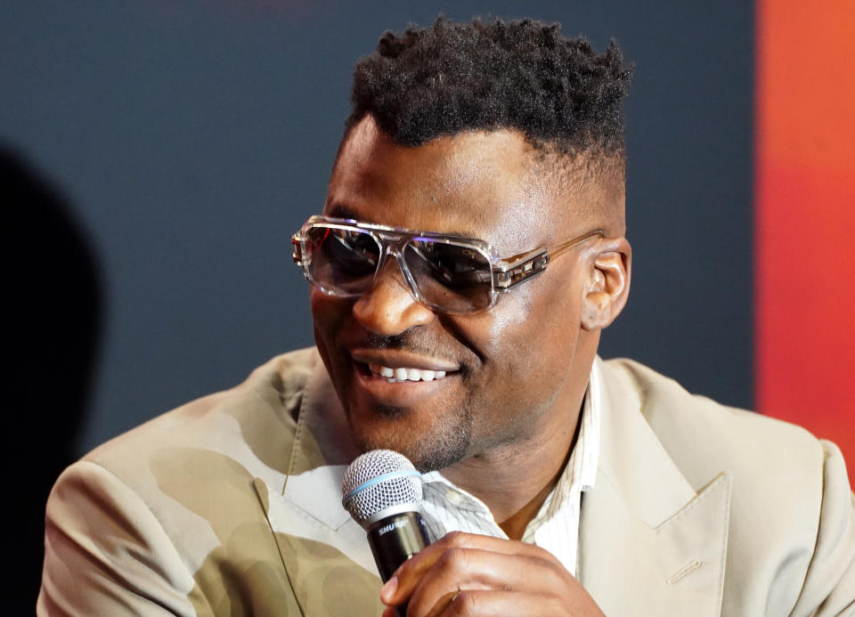 Francis Ngannou lors d'une conférence de presse ICI à Outernet, Londres.  Date de la photo : jeudi 7 septembre 2023. (Photo de James Manning/PA Images via Getty Images)