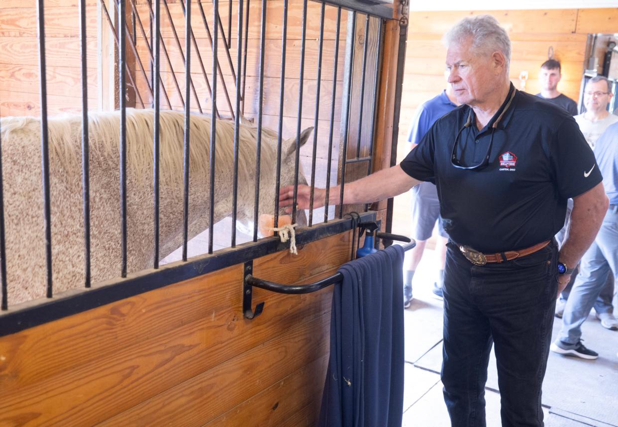 Pro Football Hall of Famer John Riggins pets a horse Friday during a tour of the stables at Pegasus Farm-run Military and First Responders Center in Nimishillen Township.