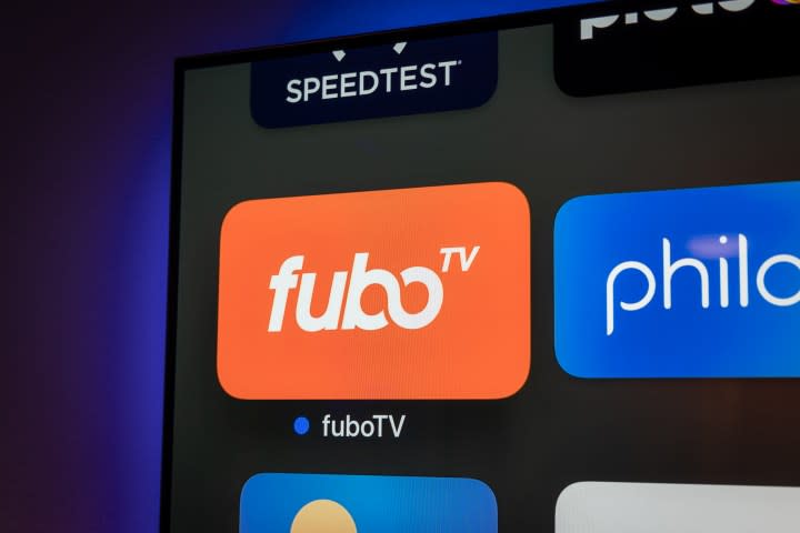 FuboTV icon is displayed on an Apple TV interface.