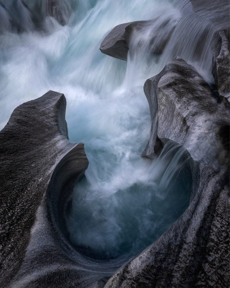 Water flowing on rock formations in Norway.