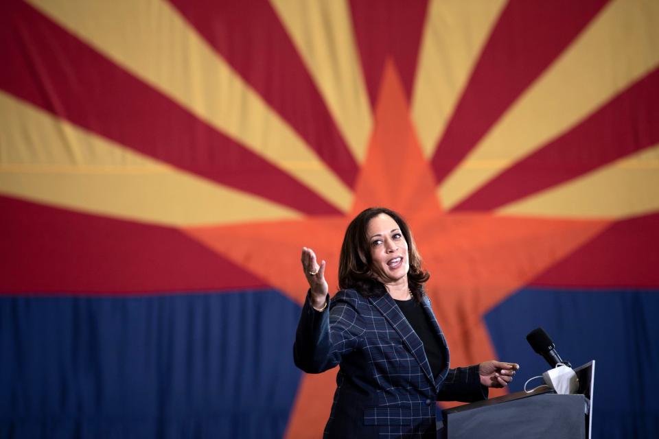 Donald Trump mocked Hillary Clinton and Kamala Harris for trying to break the glass ceiling in US politics. ( BRENDAN SMIALOWSKI/AFP via Getty Images)