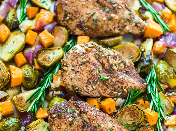 Sheet-Pan Chicken with Sweet Potatoes, Brussels Sprouts and Bacon
