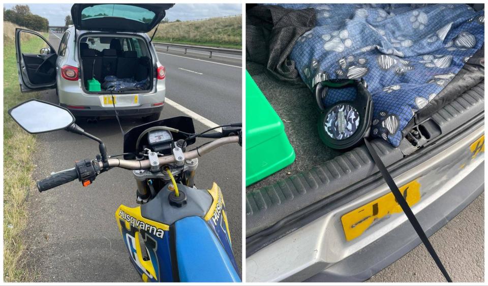 A motorcyclist, who was being towed by a car using only an extendable dog lead, was stopped by police in East Lothian. (Photo: Third Party)