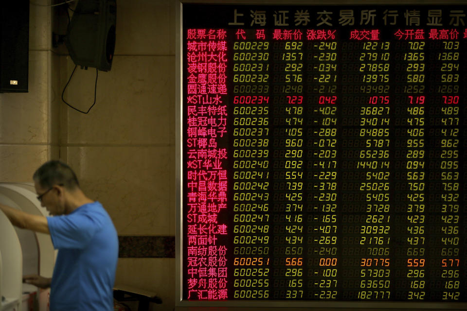 A Chinese investor uses a computer terminal as he monitors stock prices at a brokerage house in Beijing, Friday, Aug. 2, 2019. Asian stock markets plunged Friday after President Donald Trump's surprise threat of tariff hikes on additional Chinese imports. (AP Photo/Mark Schiefelbein)