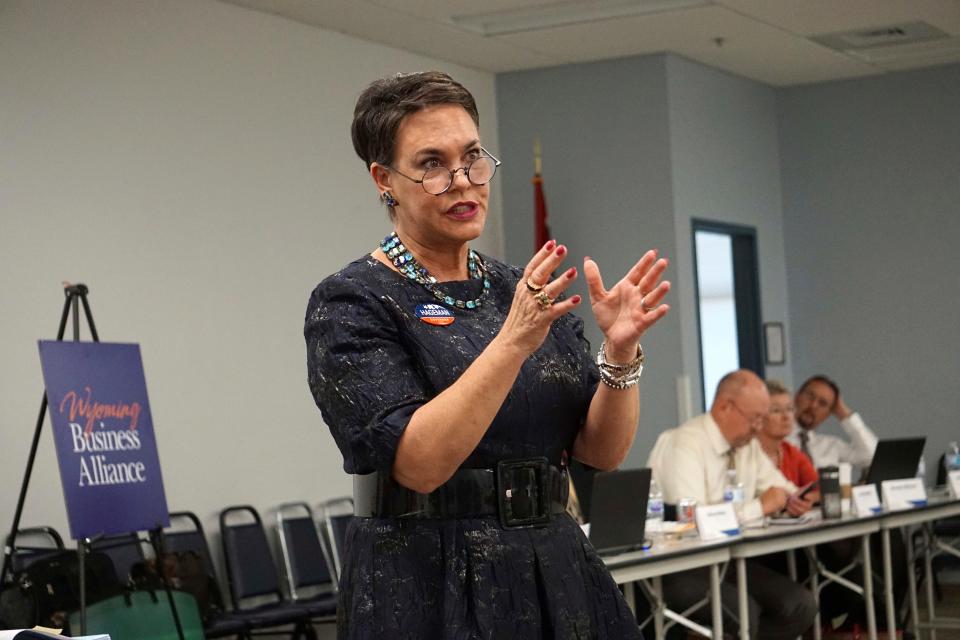 Harriet Hageman addresses a meeting of the Wyoming Business Alliance in Casper, Wyo., in 2018.  Former President Donald Trump has endorsed Hageman in his bid to unseat Rep. Liz Cheney, one of his most vocal critics.