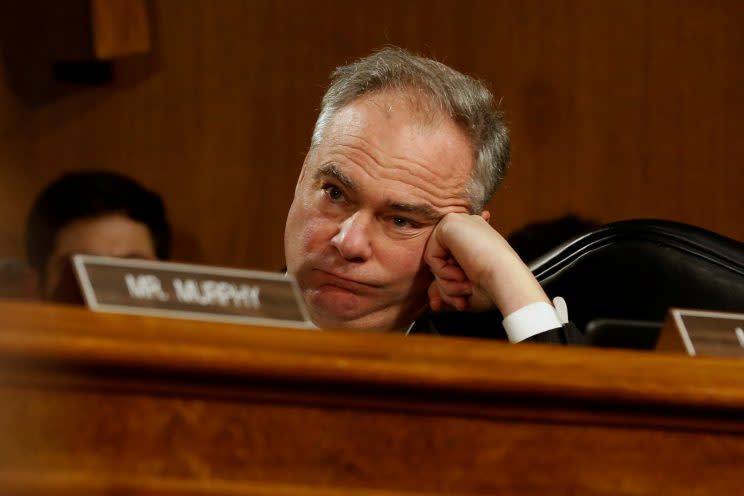 Sen. Tim Kaine (D-Va.) listens to testimony by Rex Tillerson at a Senate confirmation hearing on his nomination for secretary of state in January. (Photo: Jonathan Ernst/Reuters)