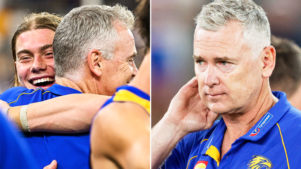 Harley Reid embraces Adam Simpson and Simpson reacts.