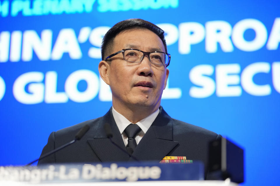 China's Defense Minister Dong Jun speaks during the 21st Shangri-La Dialogue summit at the Shangri-La Hotel in Singapore, Sunday, June 2, 2024. (AP Photo/Vincent Thian)