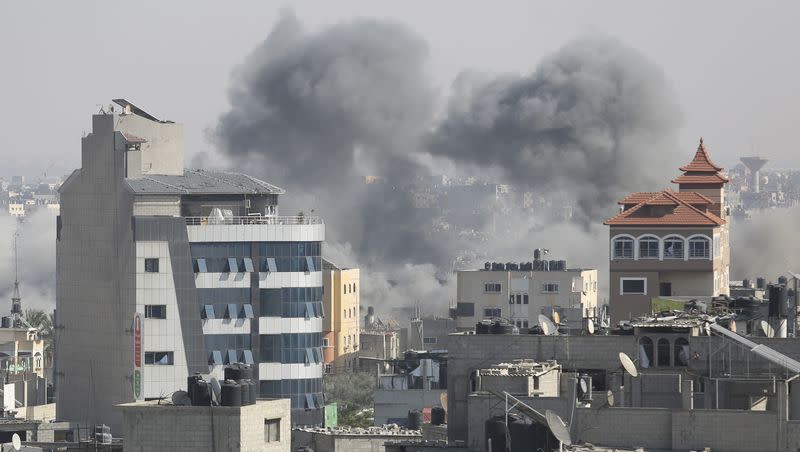 Smoke rises after an Israeli airstrike on the Gaza Strip in Rafah on Wednesday, Oct. 25, 2023.