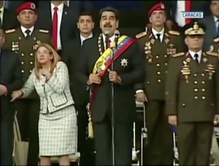 Venezuelan President Nicolas Maduro reacts during an event which was interrupted, in this still frame taken from video August 4, 2018, Caracas, Venezuela. VENEZUELAN GOVERNMENT TV/Handout via REUTERS TV