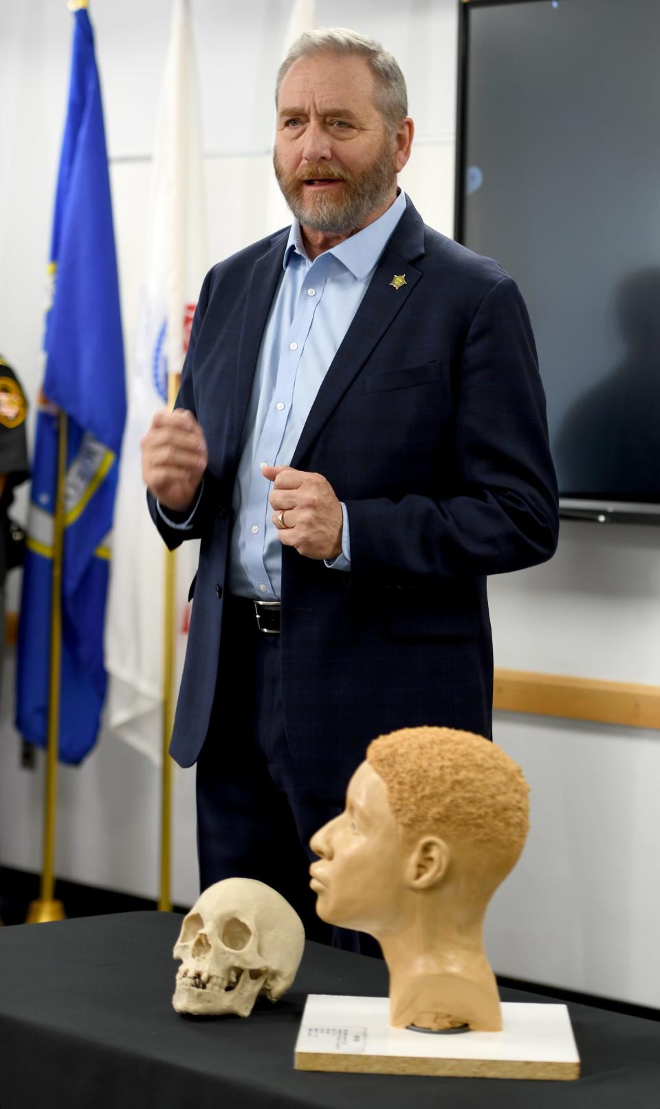 Ohio Attorney General Dave Yost discusses forensic reconstruction technology the Bureau of Criminal Investigation used to create a model of an unidentified man whose remains were found in Canton Township in 2001. The reconstruction was unveiled during a press conference at the Stark County Sheriff's Office on Thursday.