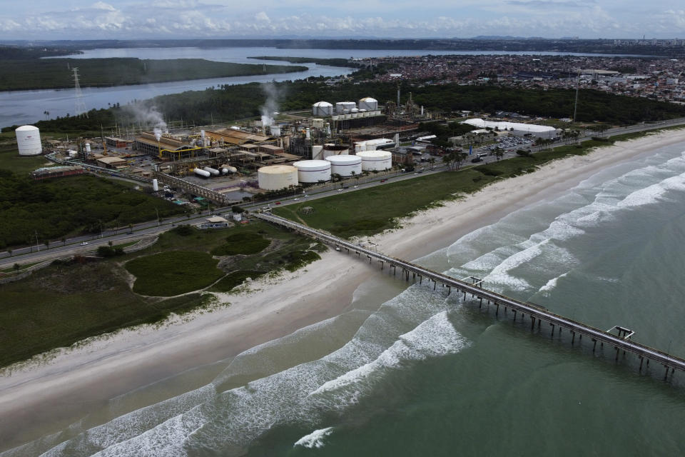 View of the Braskem mining facility in Maceio, Alagoas state, Brazil, Tuesday, March 8, 2022. Braskem is one of the biggest petrochemical companies in the Americas, owned primarily by Brazilian state-run oil company Petrobras and construction giant Novonor, formerly known as Odebrecht. (AP Photo/Eraldo Peres)