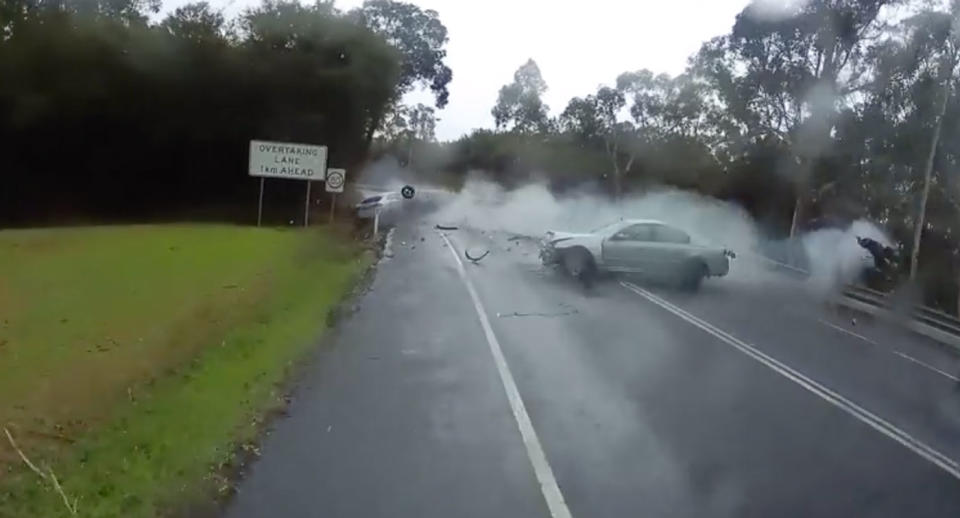 The silver car’s engine flies out after the head-on. Source: Bayswater Mitre 10