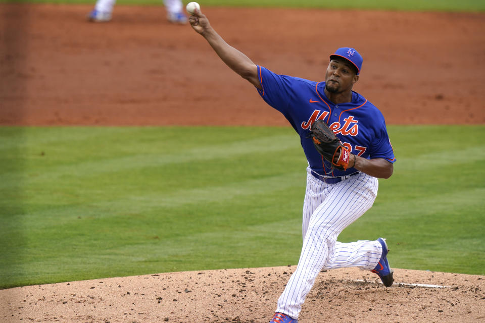 New York Mets relief pitcher Jeurys Familia throws during the third inning of a spring training baseball game against the Washington Nationals, Thursday, March 4, 2021, in Port St. Lucie, Fla. (AP Photo/Lynne Sladky)