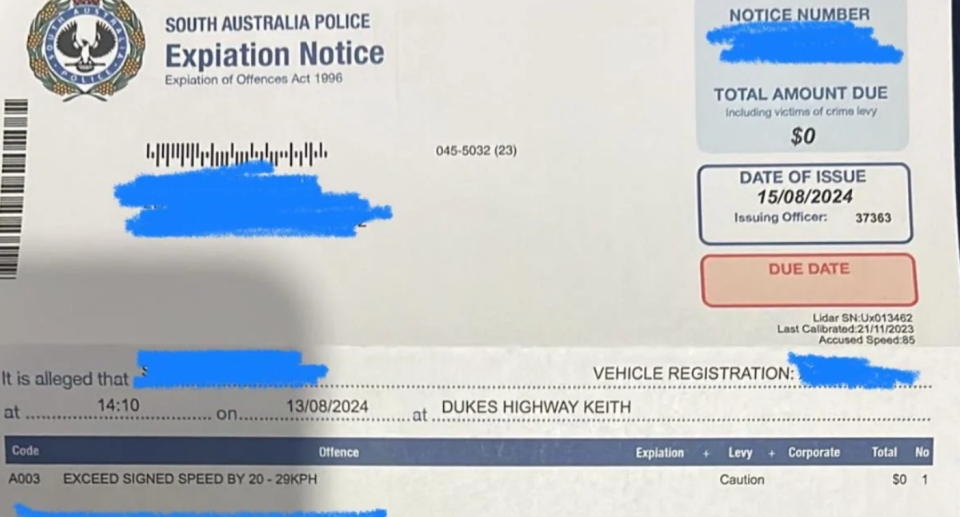 Screenshot of fine from South Australia Police