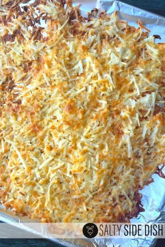 Salty Side Dish<p>Go from frozen to perfection in under 30 minutes. Sheet pan hash browns are an easy way to make a ton of hash browns that are crispy, not oily. Golden perfect edges! </p><p><strong>Get the recipe: </strong><a href="https://www.saltysidedish.com/hash-browns-in-oven/" rel="sponsored" target="_blank" data-ylk="slk:Crispy Sheet Pan Hash Browns;elm:context_link;itc:0;sec:content-canvas" class="link "><strong>Crispy Sheet Pan Hash Browns</strong></a></p>