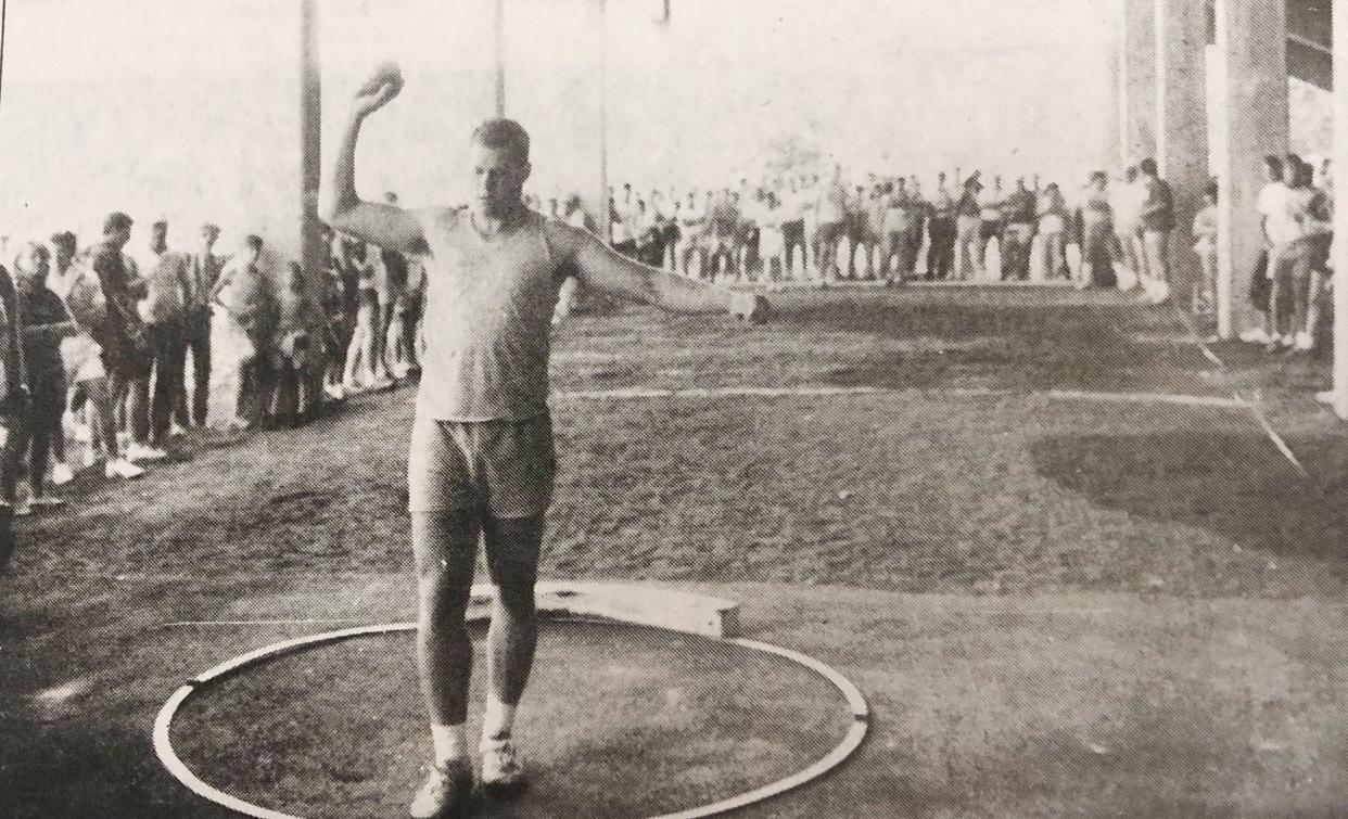 David Leiseth of Hamlin is pictured during the Class A shot put competition that was moved under the stands at Howard Wood Field in Sioux Falls during the 1987 state high school track and field meet. Leiseth won the event.