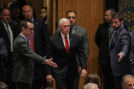 U.S. Vice President Mike Pence arrives to address the United Nations Security Council at U.N. headquarters in New York, U.S, April 10, 2019. REUTERS/Brendan McDermid