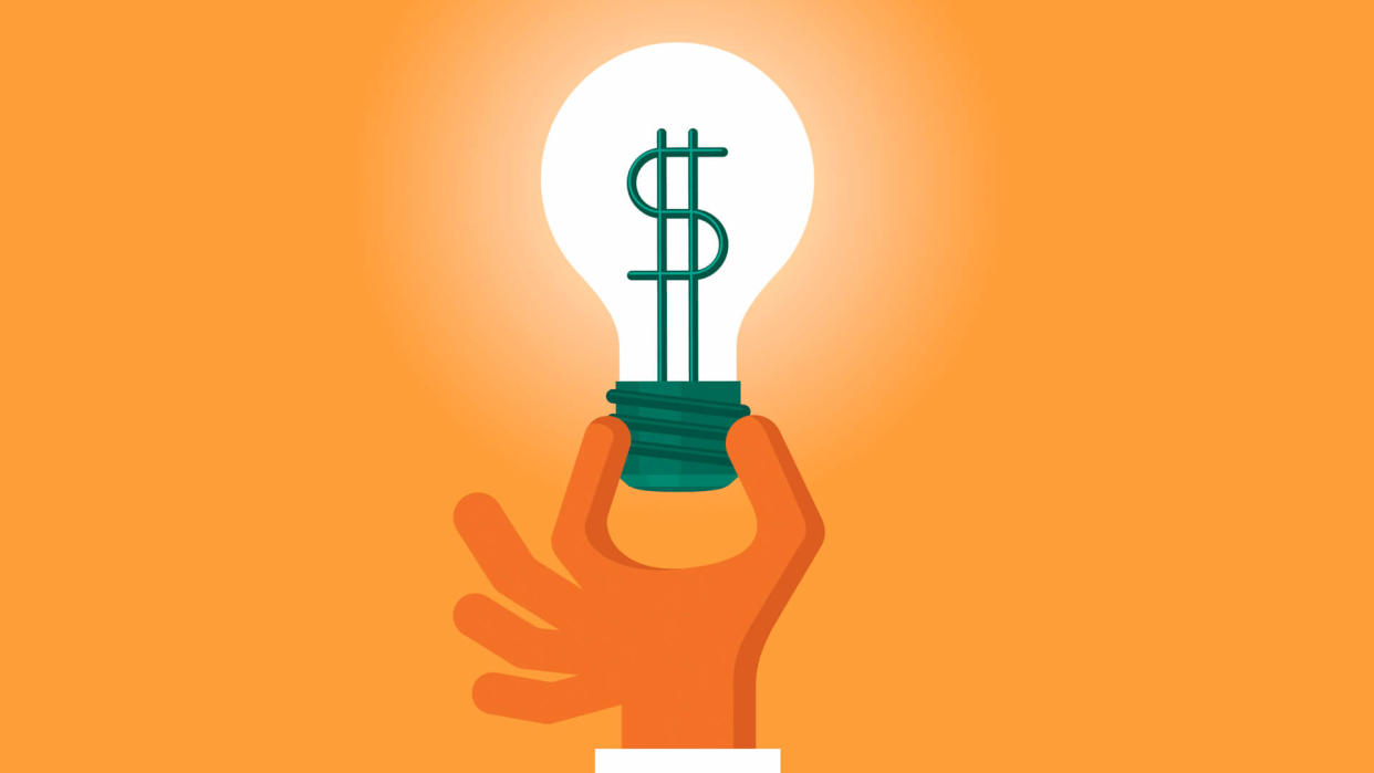 illustration of hand holding up a light bulb with dollar sign in center