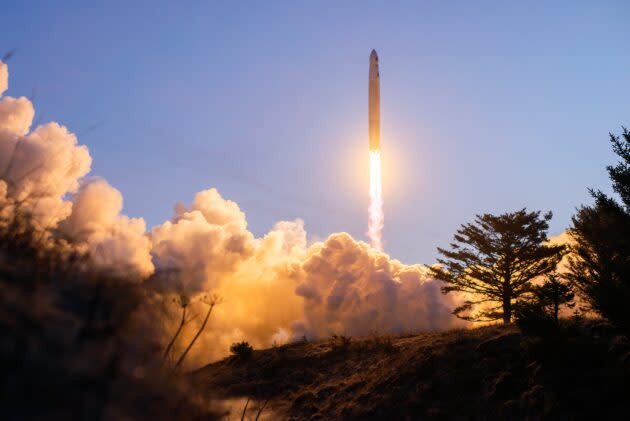 Astra’s LV0009 launch vehicle rises from its Alaska launch pad. (Astra Photo / Brady Kenniston)